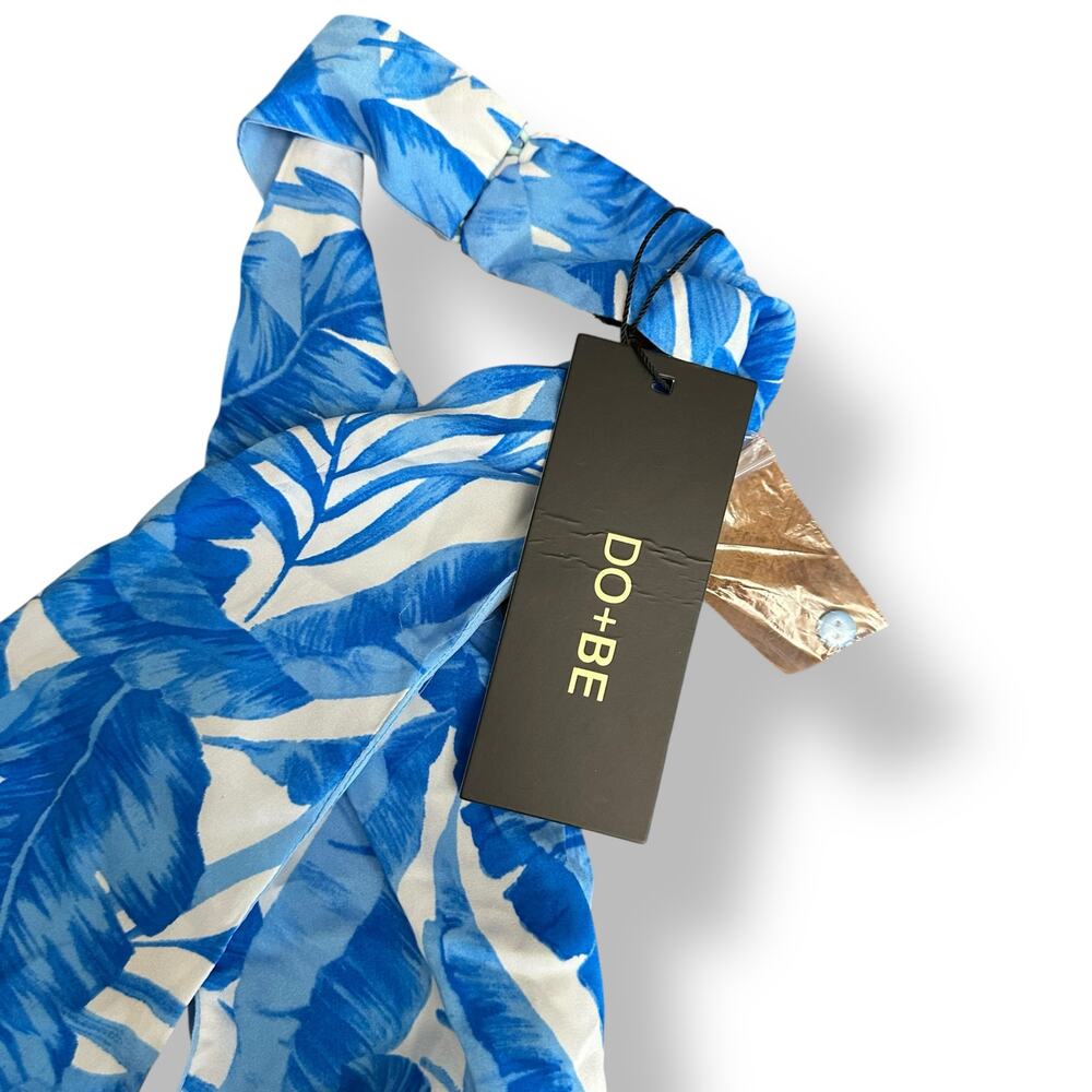DO+BE NWT Tropical Halter Mini Dress Blue White Leaf Print Back Tie Medium - Picture 7 of 11